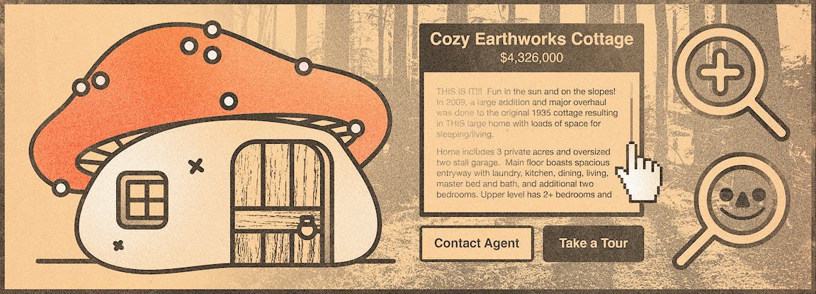 An illustration of a house shaped like a mushroom.